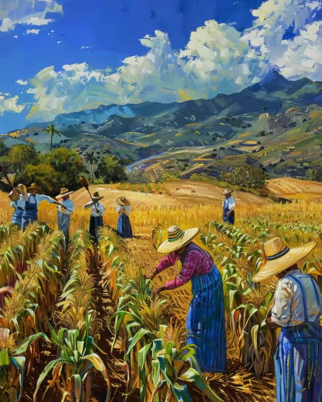 Mexican Farmers Harvesting Corn Art, Vibrant Fields Painting