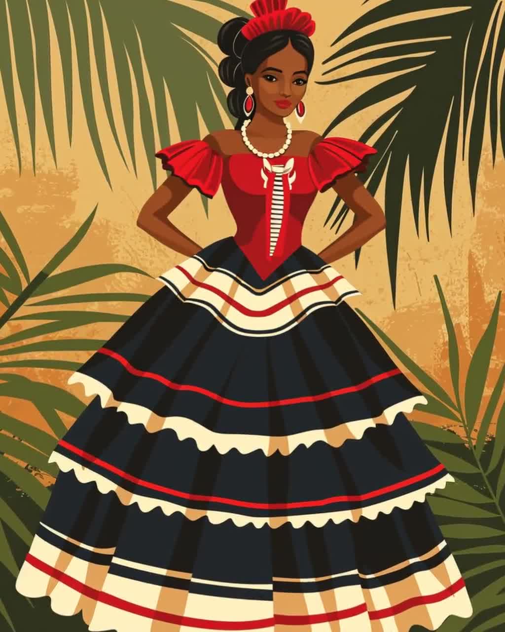 Puerto Rican Chic Illustration, Jibaro Dress, Cultural Art Print