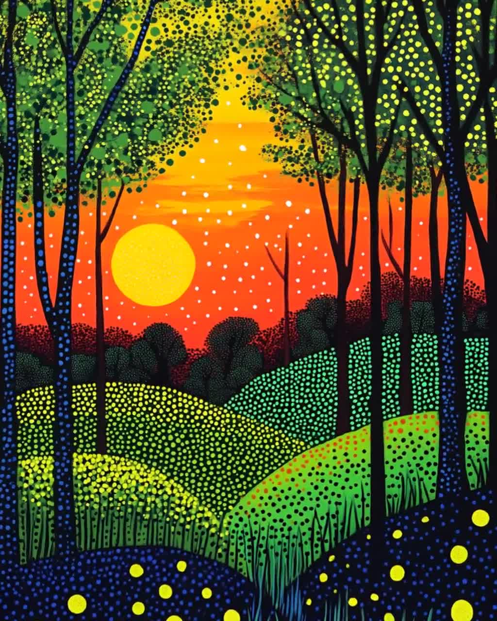 Yayoi Kusama Inspired Forest Print: Pointillism Sunset Landscape