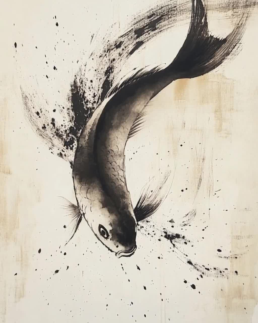 八大山人金魚の絵画、抽象的な中国の水墨画、ミニマリストの壁装飾