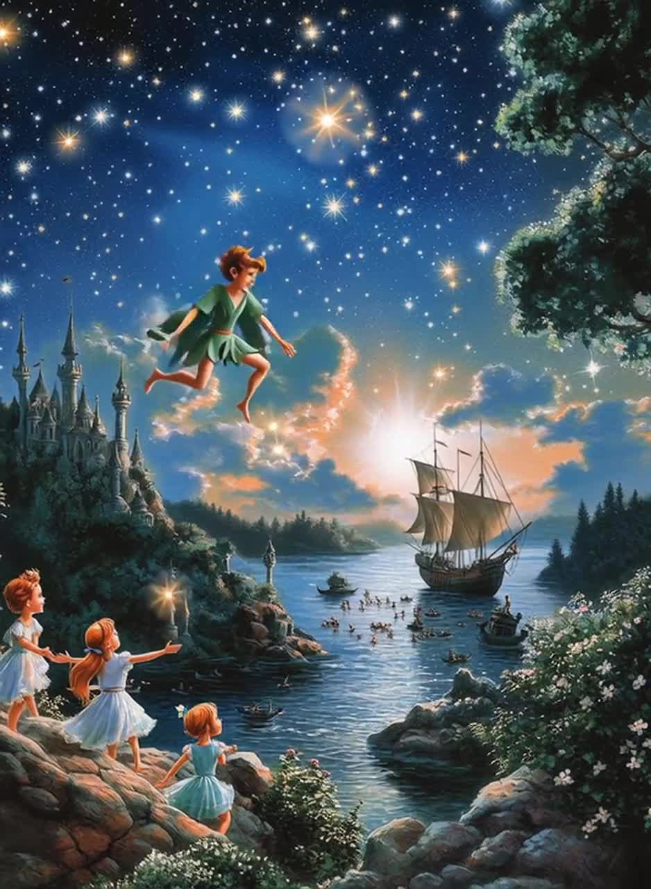 ネバーランドを飛ぶピーターパンのアートプリント、ファンタジー