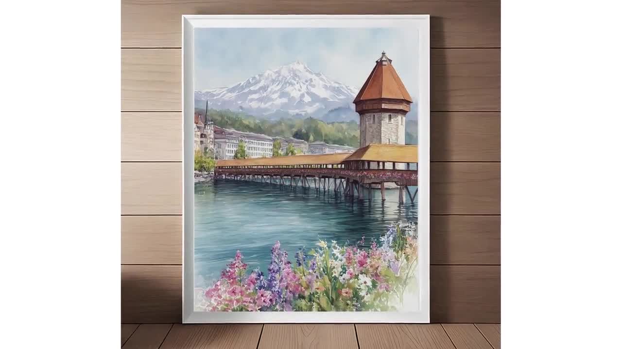 スイスのカペル橋の水彩画アートプリント：ルツェルン湖の旅行ポスター