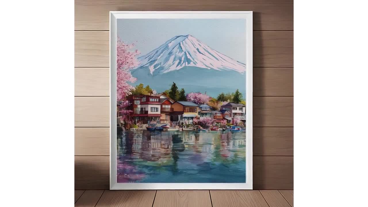 富士山の水彩画風アート 富士山水彩画プリント：日本の桜のアート（デジタルダウンロード