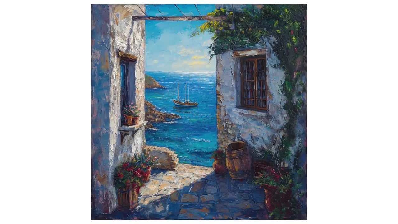 絵画 額装品 Vecchio ponte 風景画 エーゲ海クレタ島