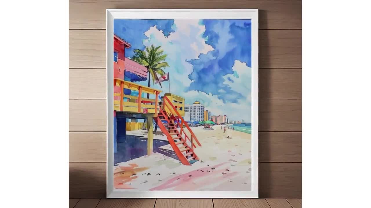 サウスビーチの絵画、マイアミの水彩画プリント、ライフガード小屋