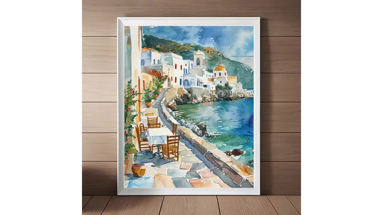 ギリシャの絵画、海辺のギリシャの水彩画、海岸沿いの壁画、趣のある