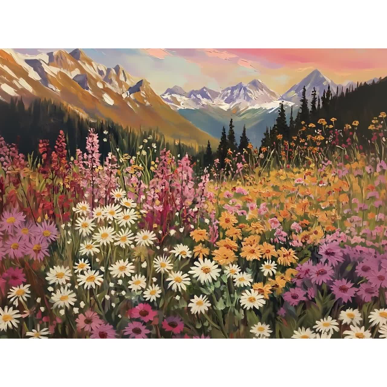 山の野生の花の風景アート 印刷可能 春 夏 壁飾り カラフルな花の草原