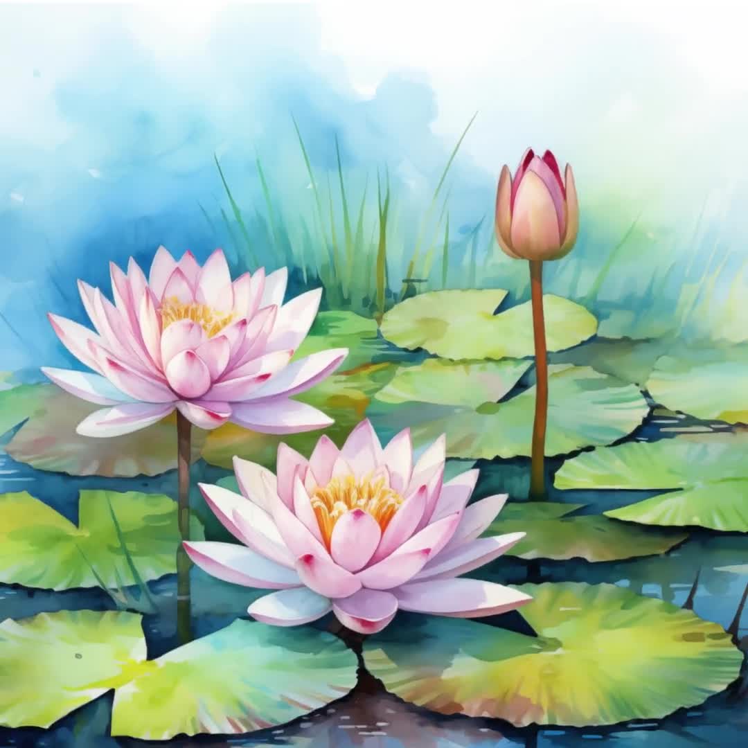 水彩画「睡蓮の池」プリント：静かな花の自然風景（デジタル