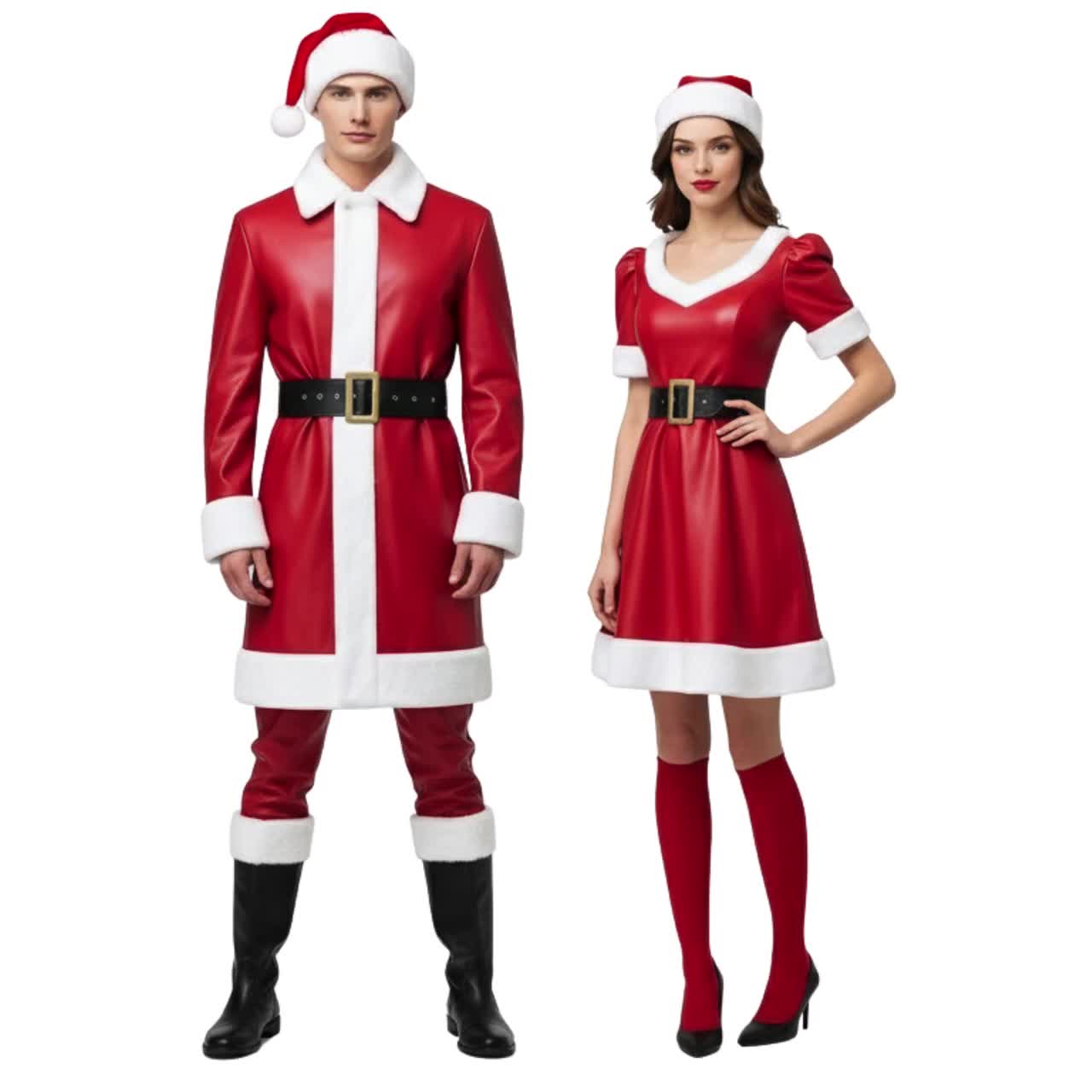 サンタカップルお揃いのクリスマスレザー衣装 – 男女兼用