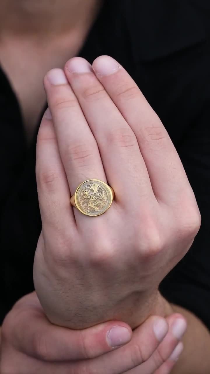 Greek Titan Atlas Signet Ring: Gold-plated Sterling Silver