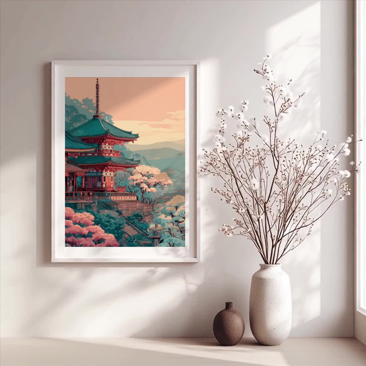 京都の五重塔の版画：日本の寺院、桜のアート（デジタルダウンロード
