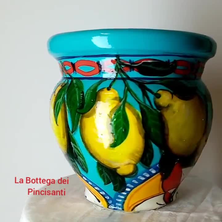 Cachepot, Terracotta Planter, With Lemons and Hand-painted Sicily