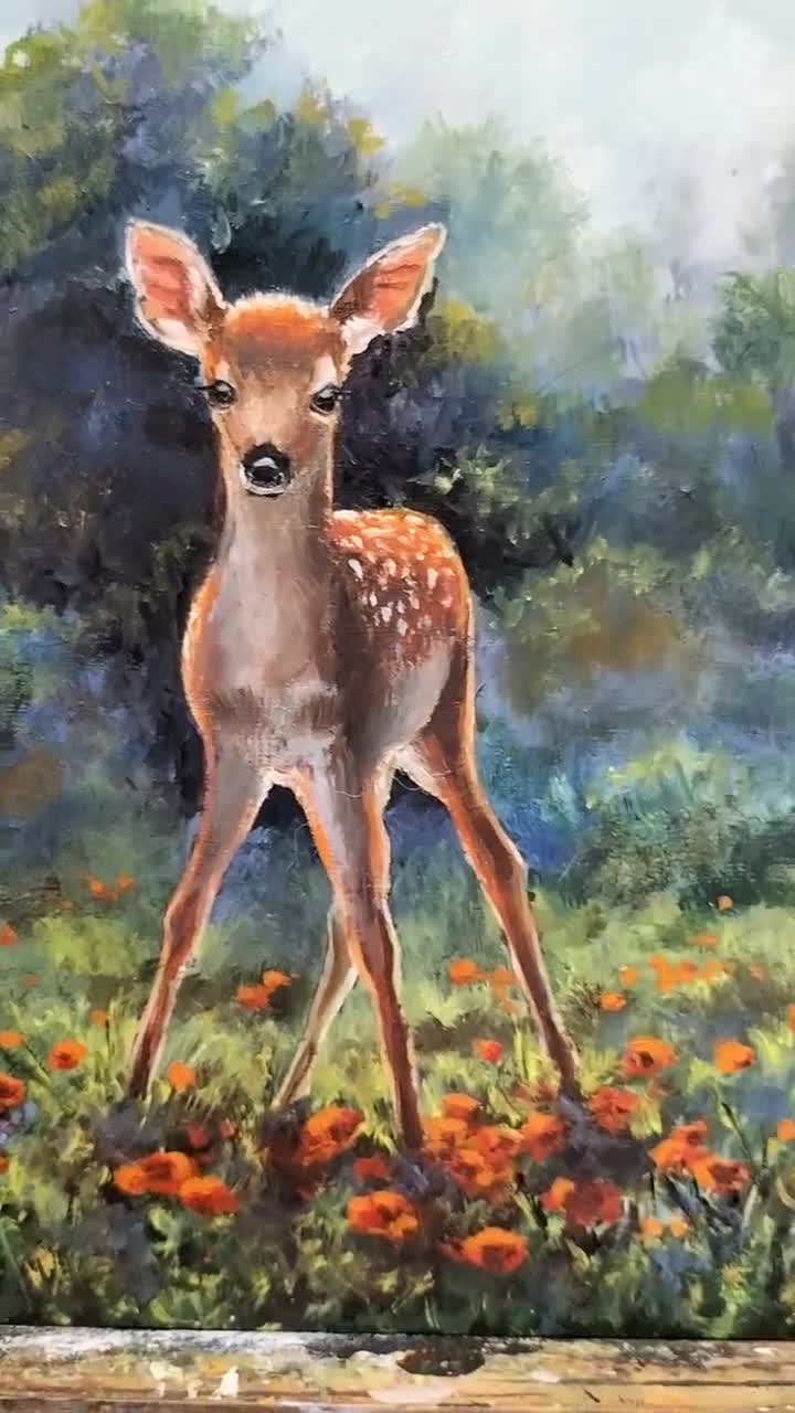 子鹿のリアルな油絵、子鹿のオリジナル絵画、ヴィンテージ装飾用の子鹿