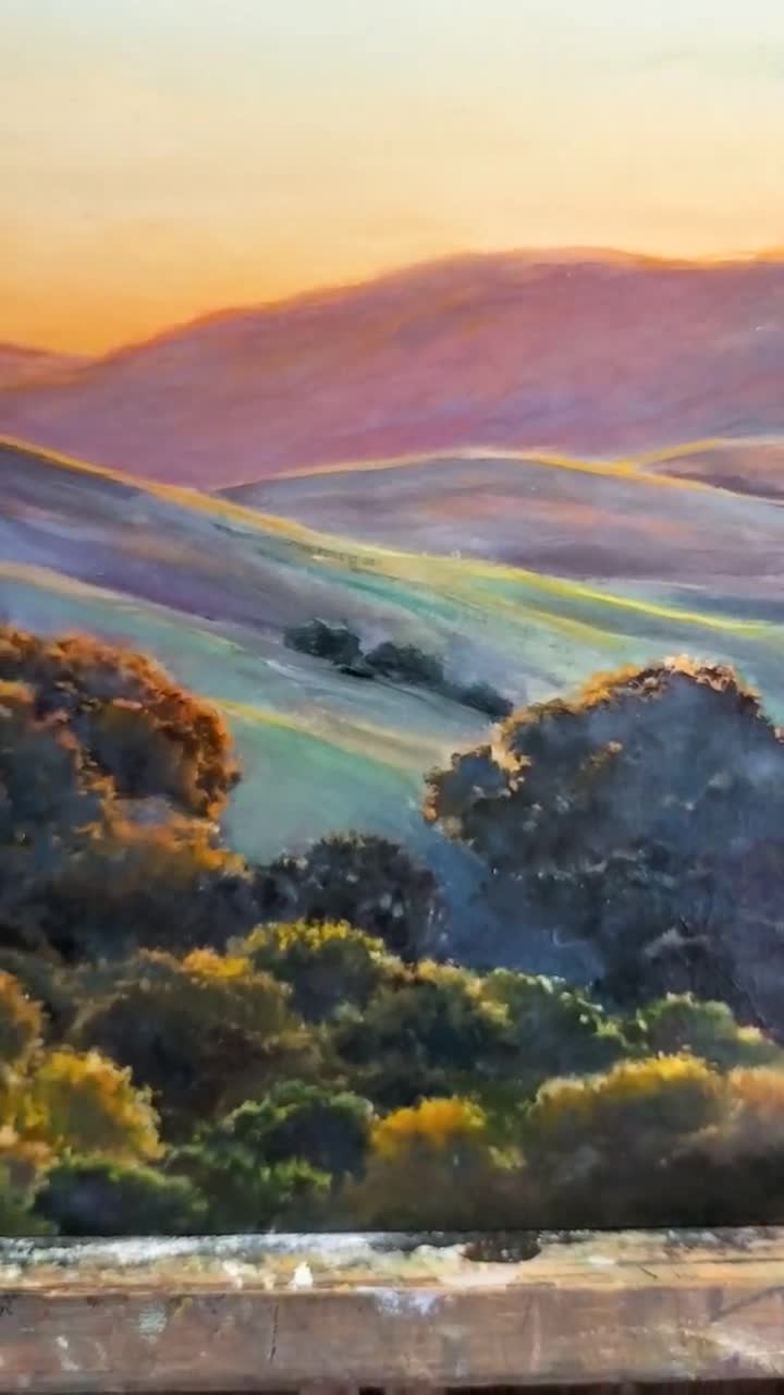 砂丘風景　油絵　F6(410×318mm) カリフォルニアの丘の絵画、夕日の風景油絵、カリフォルニアのオークの