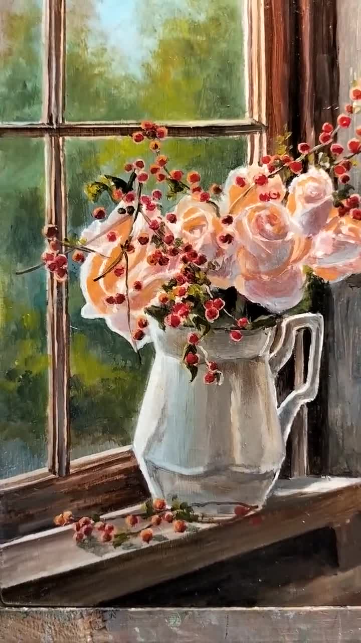 花の静物画、オリジナル油絵、花束のフラワーアート、バラの花の絵