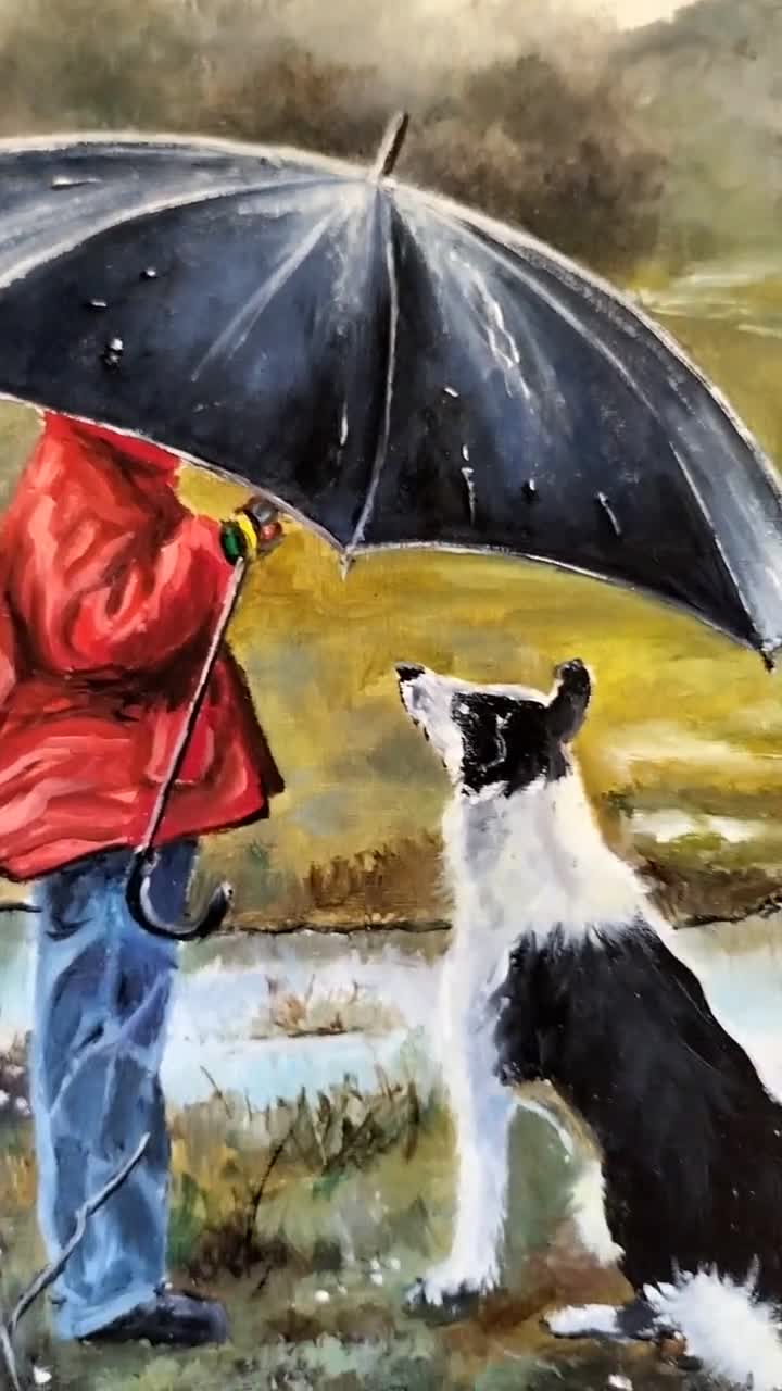 男の子と犬のアート、犬好きへのギフト、犬の油絵、ボーダーコリーの