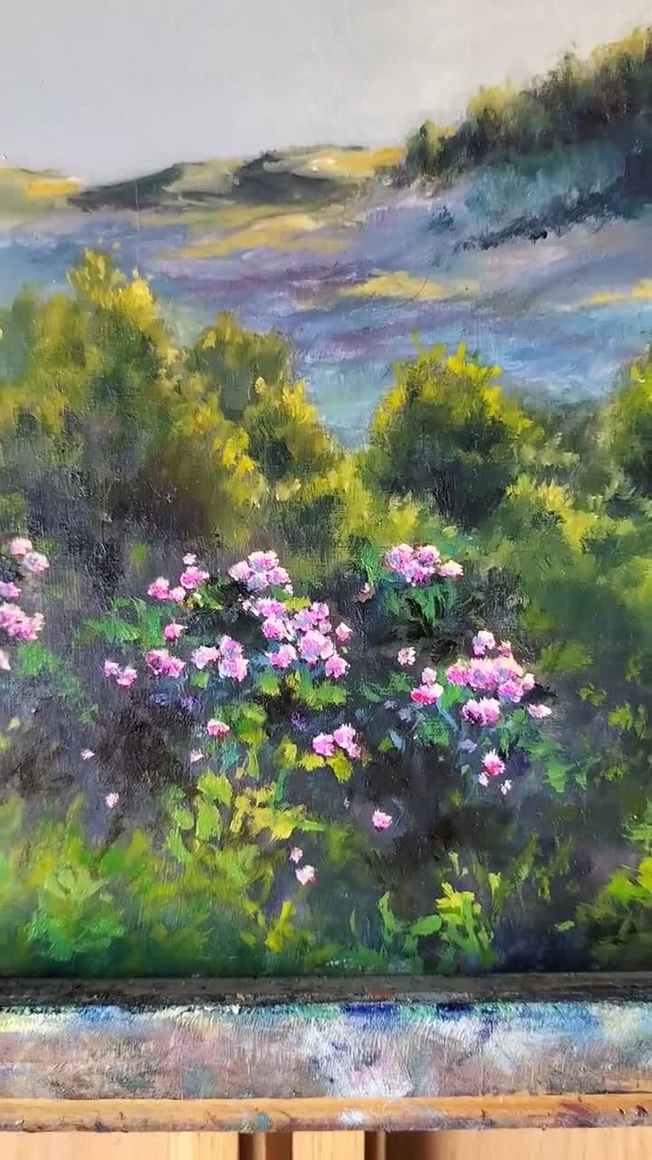 山岳風景油絵、夏の花の風景ファインアート、カロライナ山脈のパノラマ
