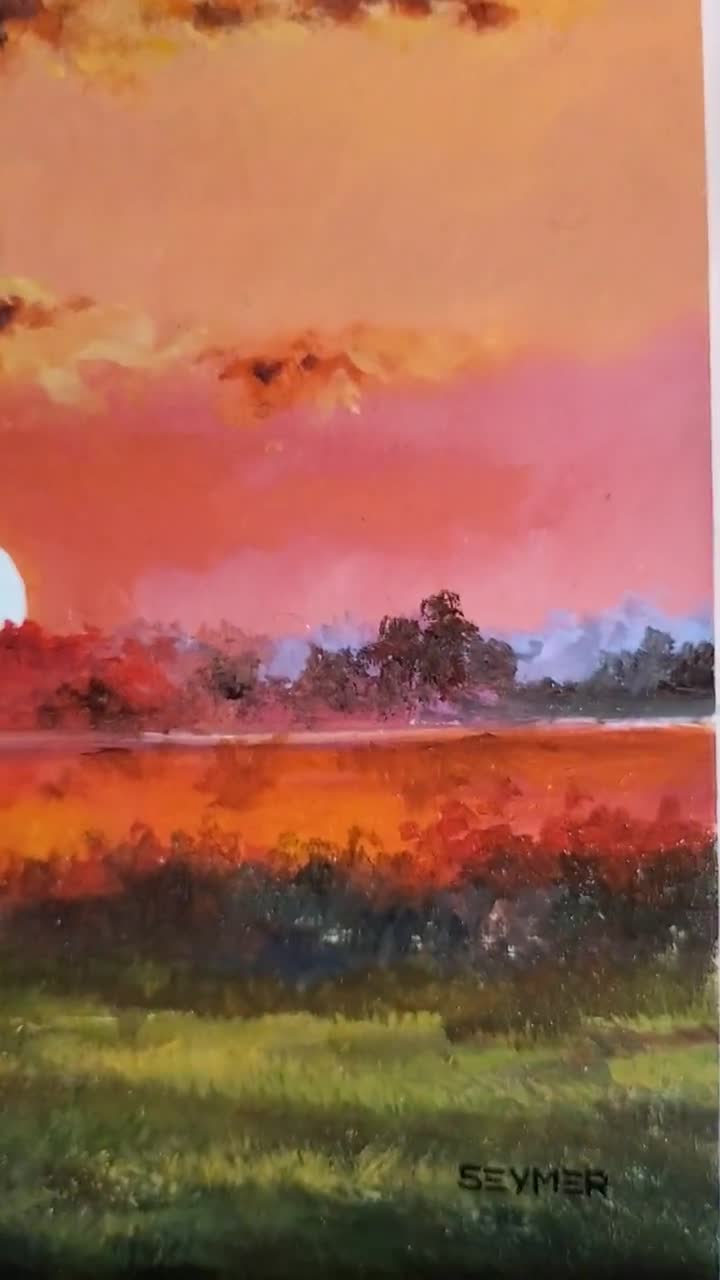 赤い夕焼けの絵画オリジナル、穏やかな川の壁画、カラフルな油絵の湖畔
