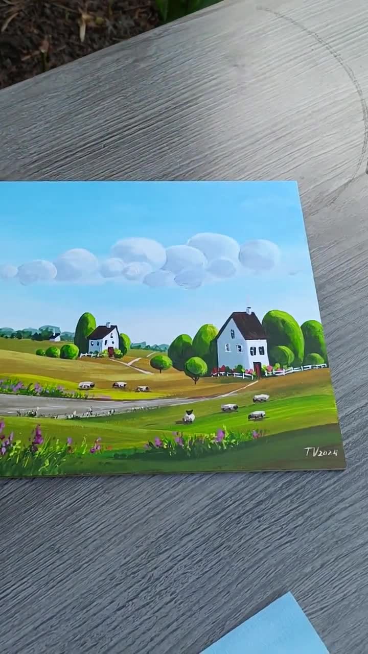 素朴な田舎の風景画 オリジナルアクリルアート 8x8 夏の自然風景