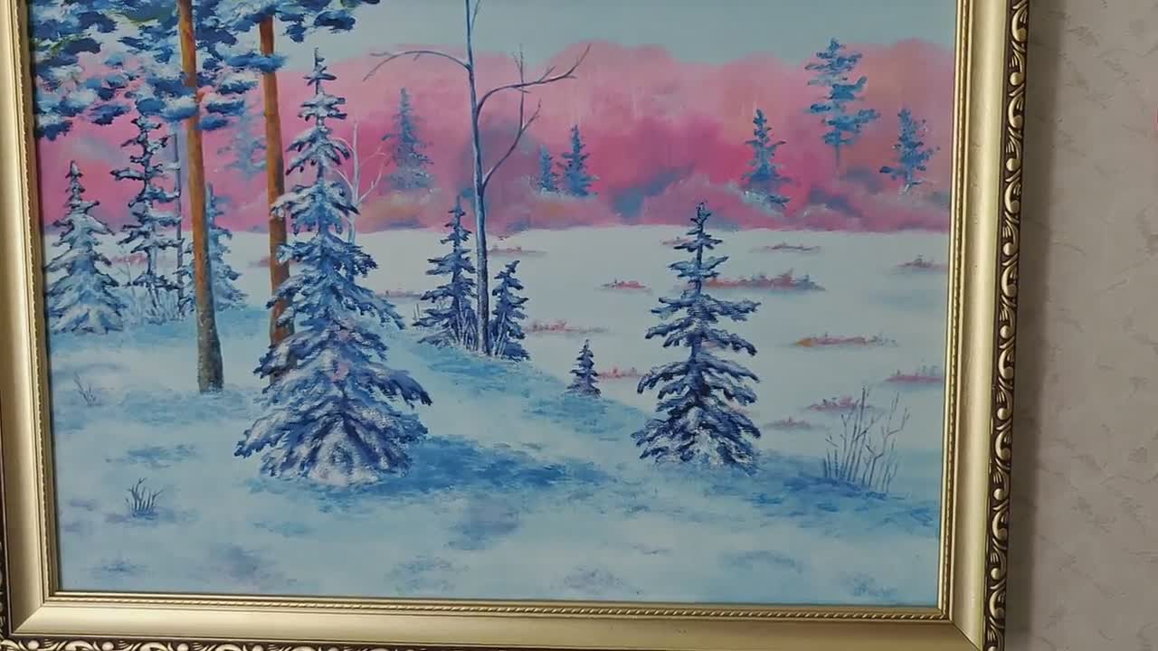冬の風景 キャンバスに油絵、雪の森、雪の絵、冬のアートワーク