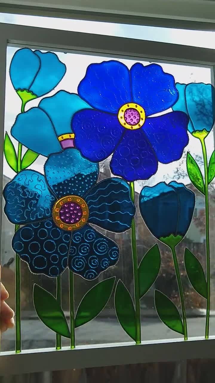 青い抽象的な花のガラス絵画：3Dモダンアート - Etsy 日本