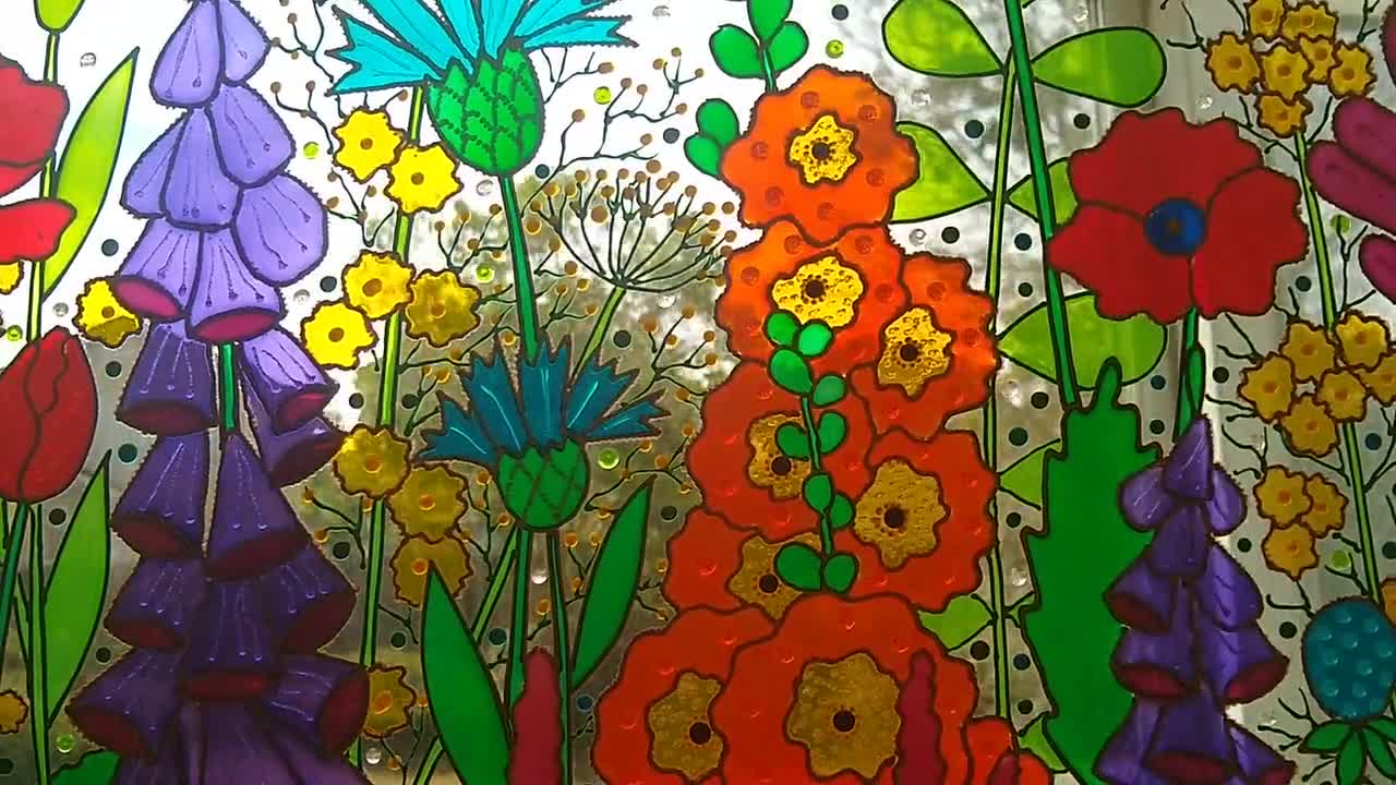 ワイルドフラワーメドウガラス絵画：3D花柄窓装飾（21インチ×17インチ