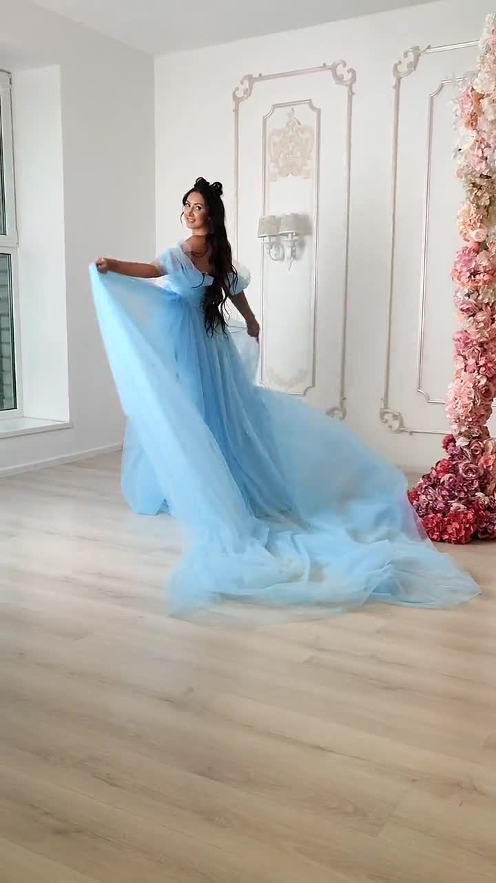 daisha blue dress baby shower Maternity For Shower, Tulle Dress With Train, Pregnancy Dress for Photoshoot, Gender Reveal Dress, Designer Tulle Dress Jessica Bara Shetty Crystal CLOTHING ON SALE Color:Nude