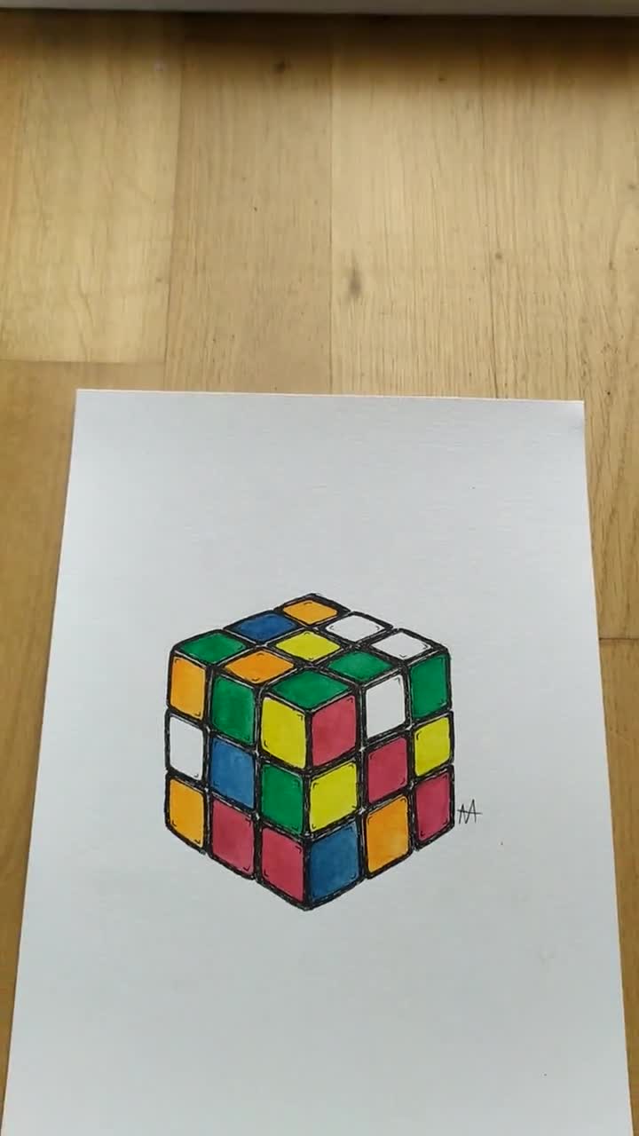 ルービックキューブ オリジナルアート 水彩画 レトロ 壁飾り