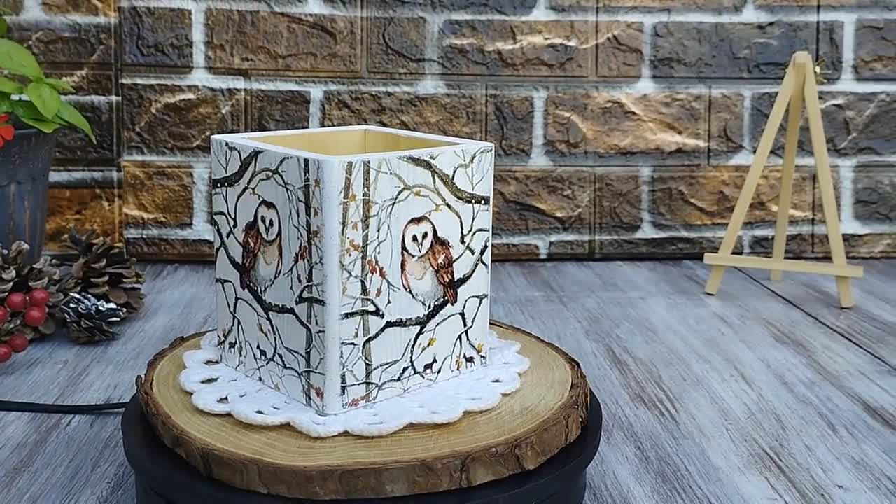 フクロウの木製ペン立て デコパージュ - Etsy 日本