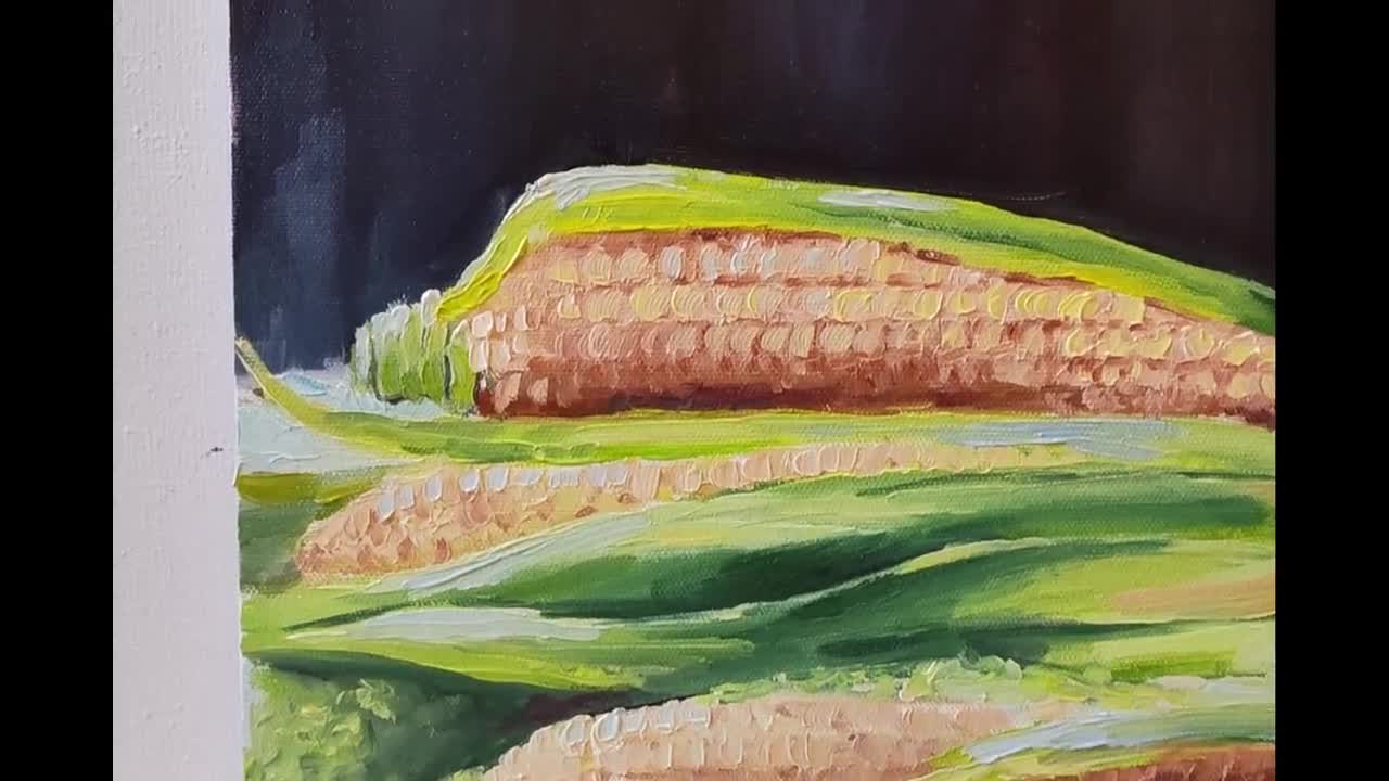 トウモロコシの静物油絵：キッチン野菜アート、11.8インチ×11.8インチ