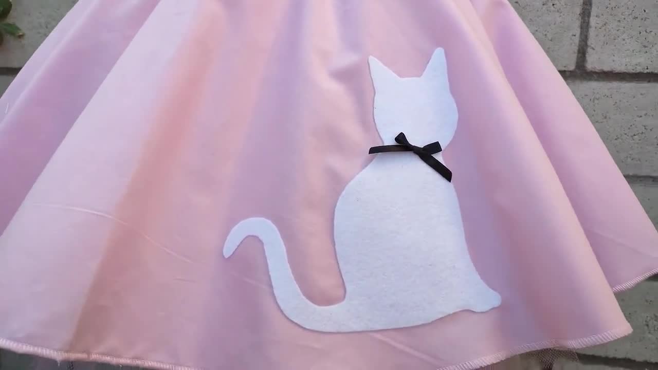 Retro 50's Sock Hop Pink Circle Skirt With White Cat Pink Poodle