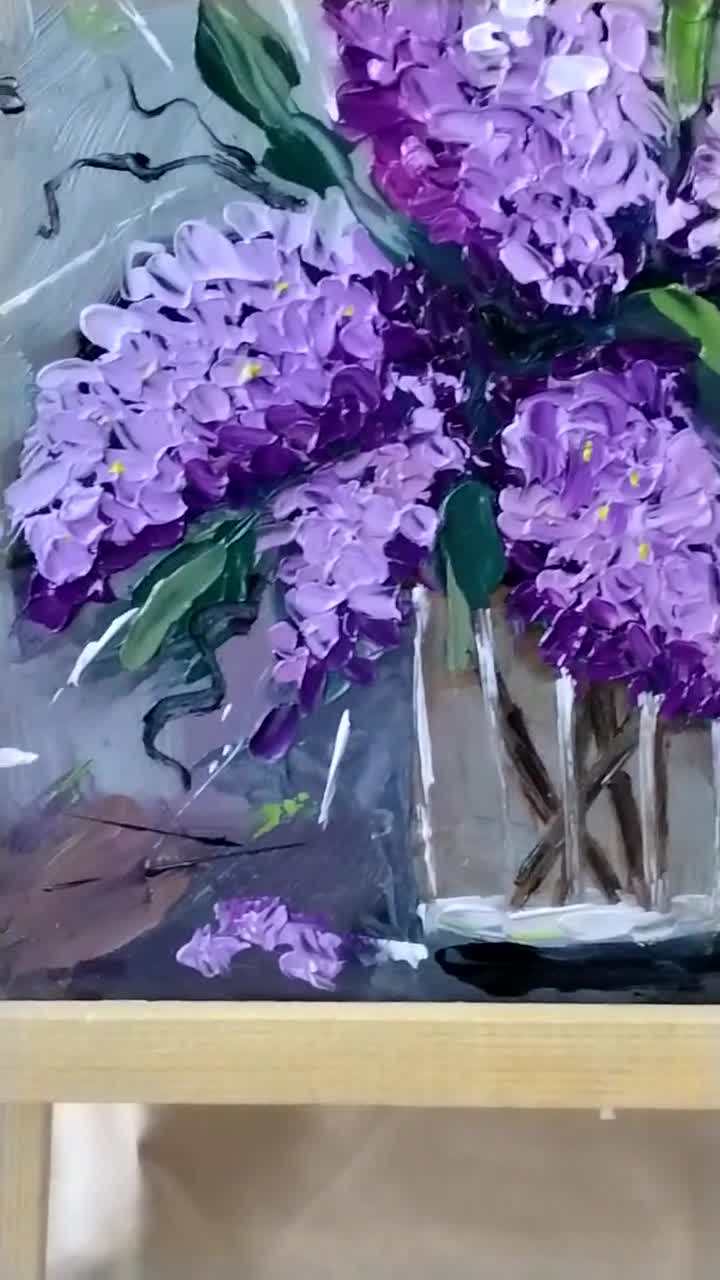 ライラックの絵画：オリジナルの花の油絵、質感のある静物画（8х8