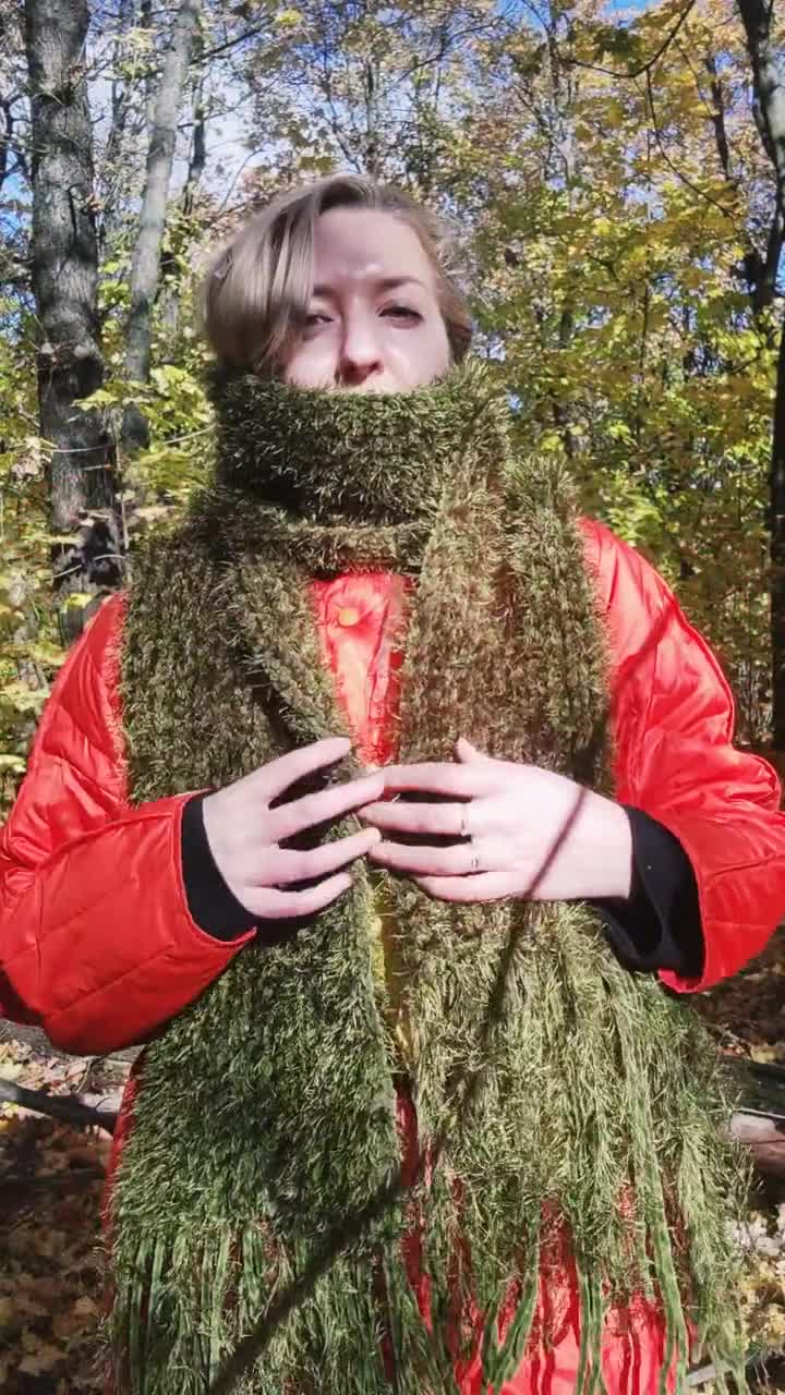 Hand-knitted Moss Scarf: Green Fluffy Fringe Grass Yarn Unique
