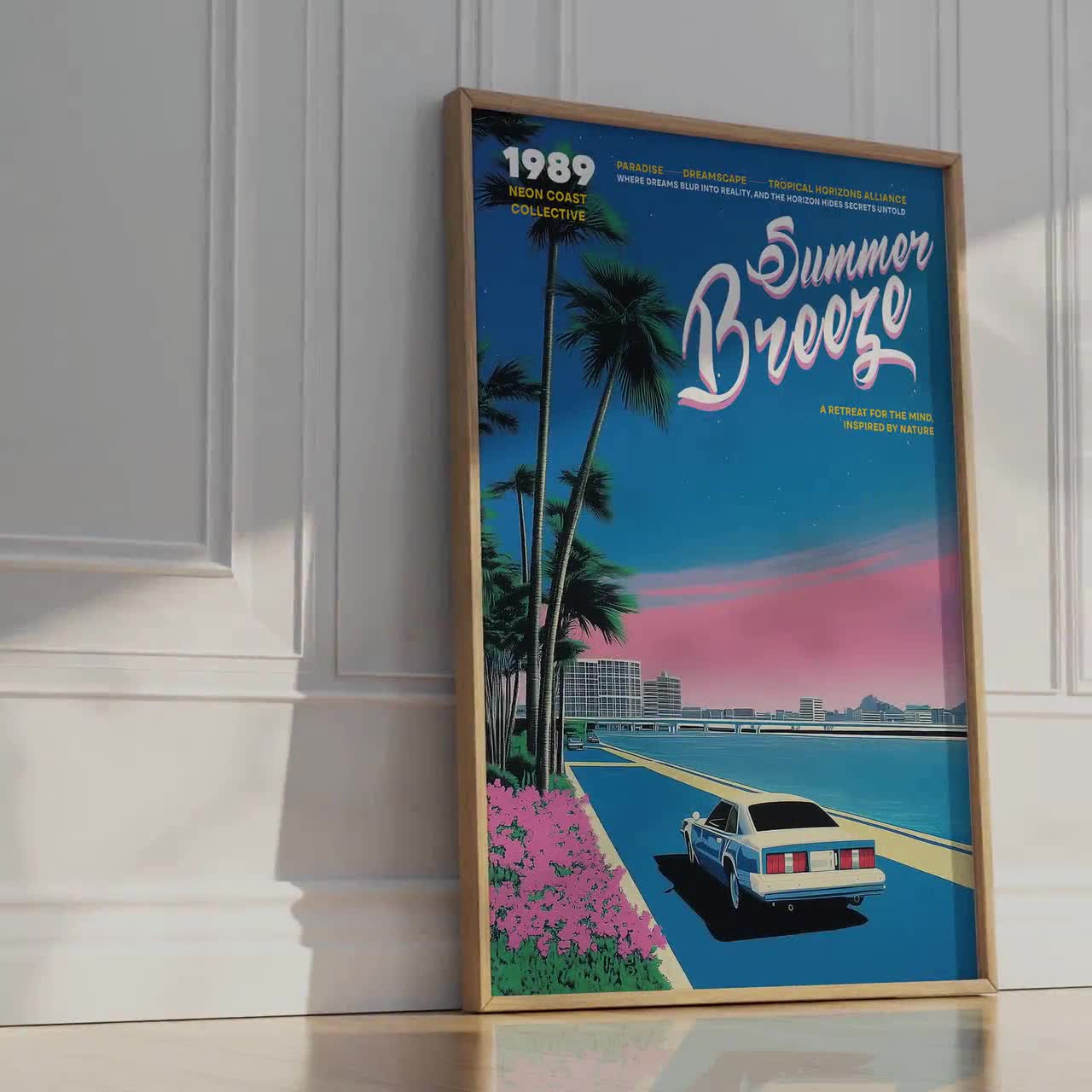 Neon Miami Sunset Poster, Retro 80s Coastal Drive Art Print With
