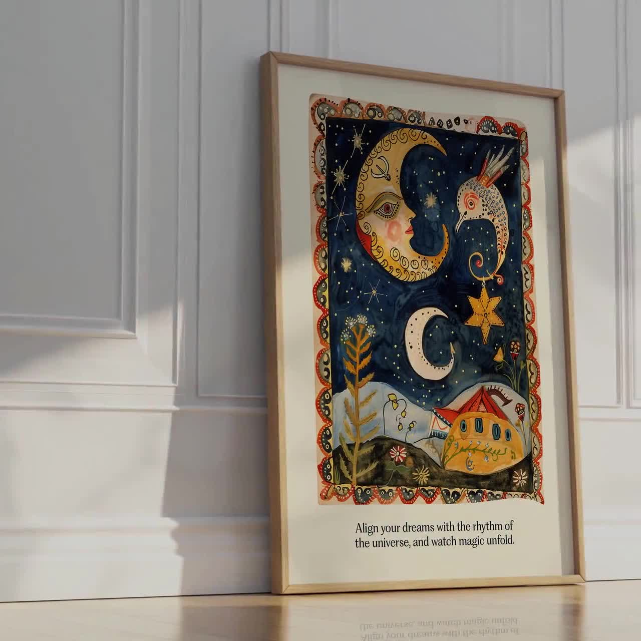 月と星のアートプリント：天体フォークアートポスター - Etsy 日本