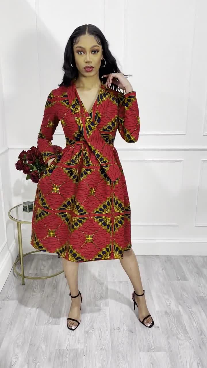 knee length african attire dresses ankara midi dress, african clothing, african print dress Blue African Wax Shawl Collar Fit and Flare Wrap Dress beautiful african dresses