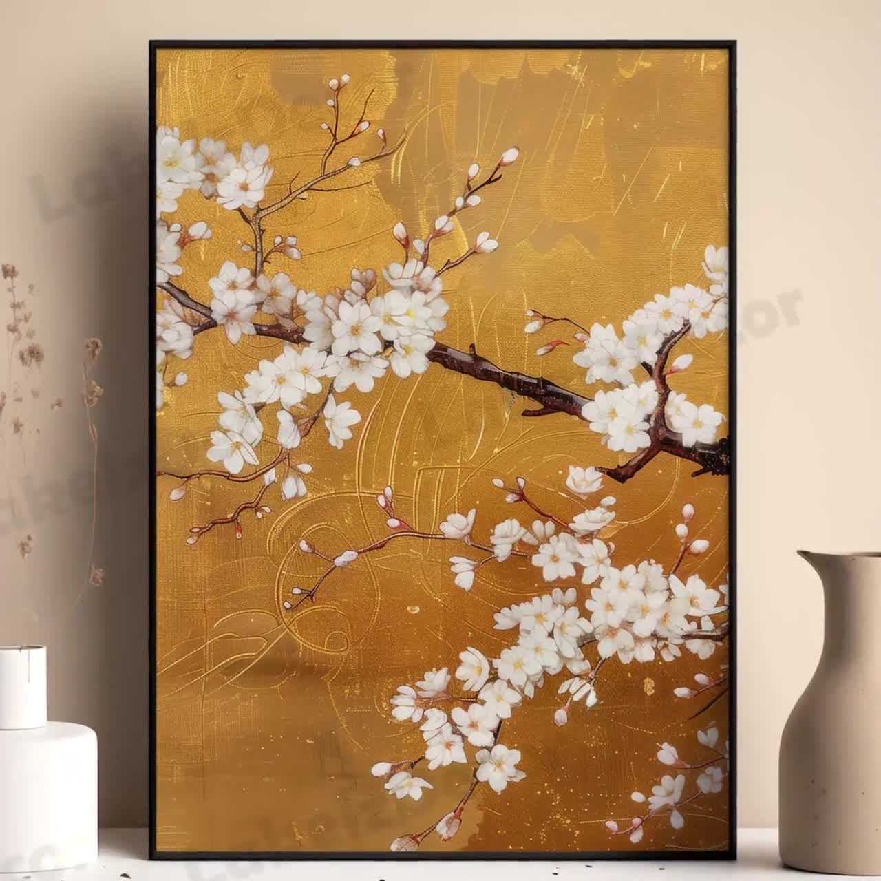 Lakelzdecor Japanese White Sakura Printable, Set of 3, Golden