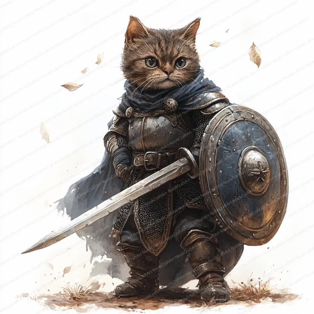 17 猫の騎士のクリップアート | 中世の猫の戦士アート | 印刷可能な