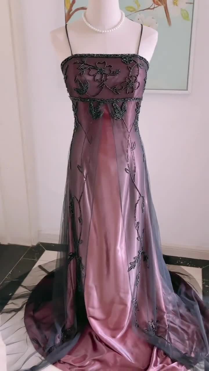 brown vintage prom dress 90s Satin Gown: Beaded Backless Evening Floor length