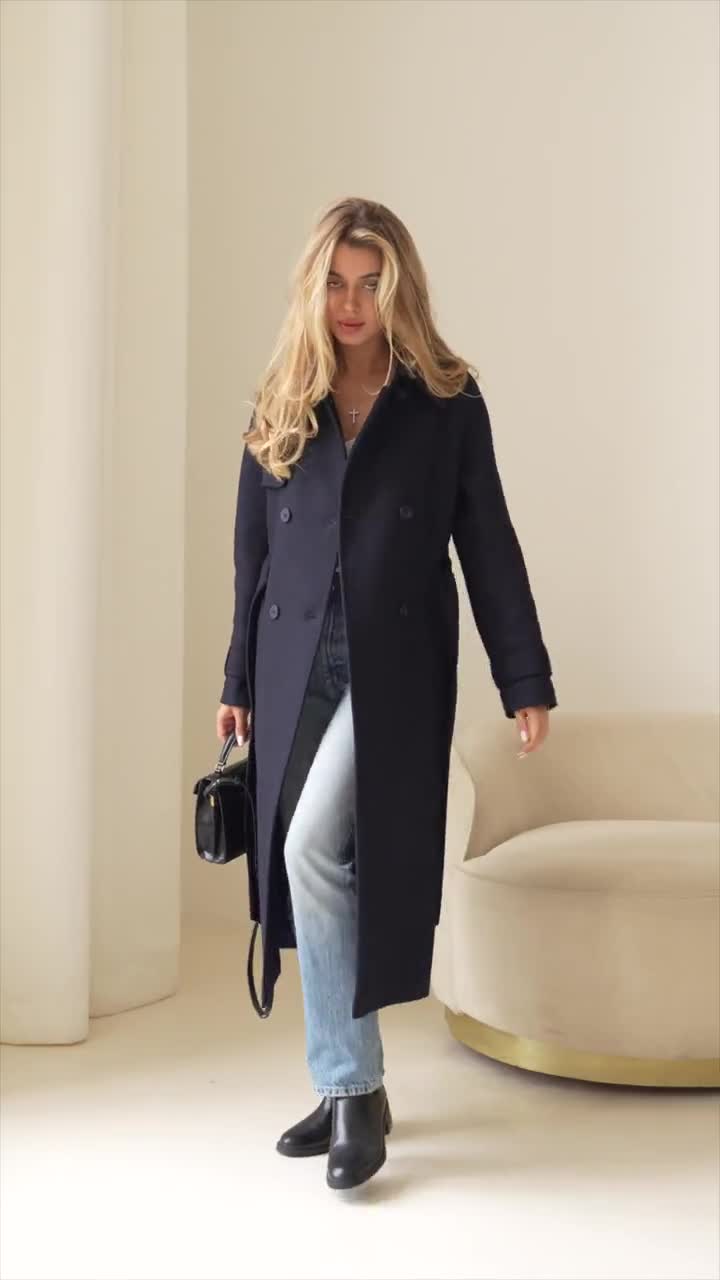 Navy Wool Trench Coat, Wool Coat Women, Long Trench Coat, Warm