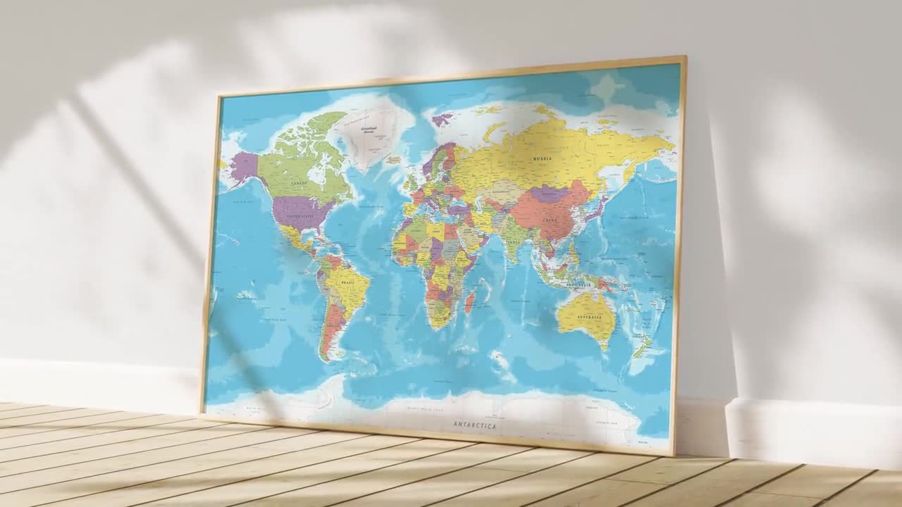 詳細な世界地図を印刷可能 - 旅行、家庭、勉強用の壁アート装飾