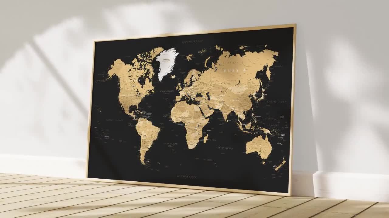 印刷可能な黒と金の世界地図ウォールアート | 大きな黒の世界地図