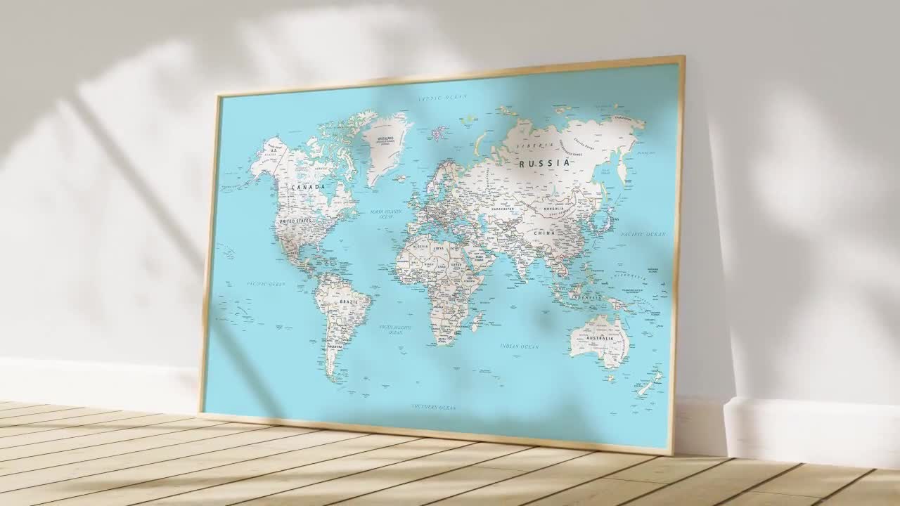 白と青の世界地図ミニマルスタイルプリント、詳細な国名入り地図