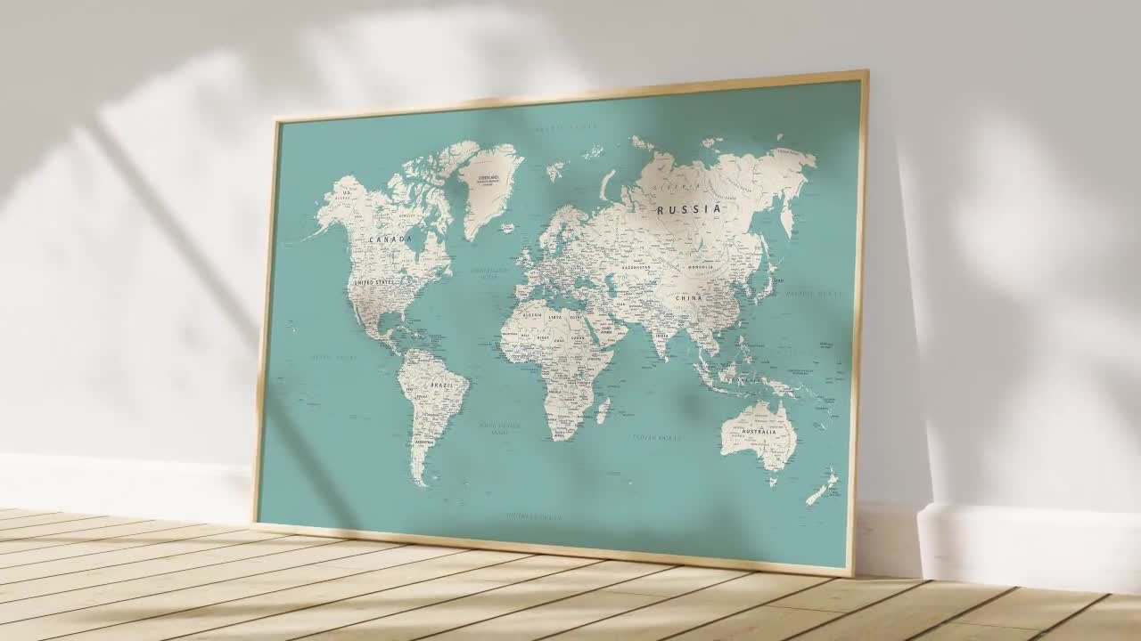 世界地図 | 世界地図 特大壁アート | 青とベージュ色の世界地図