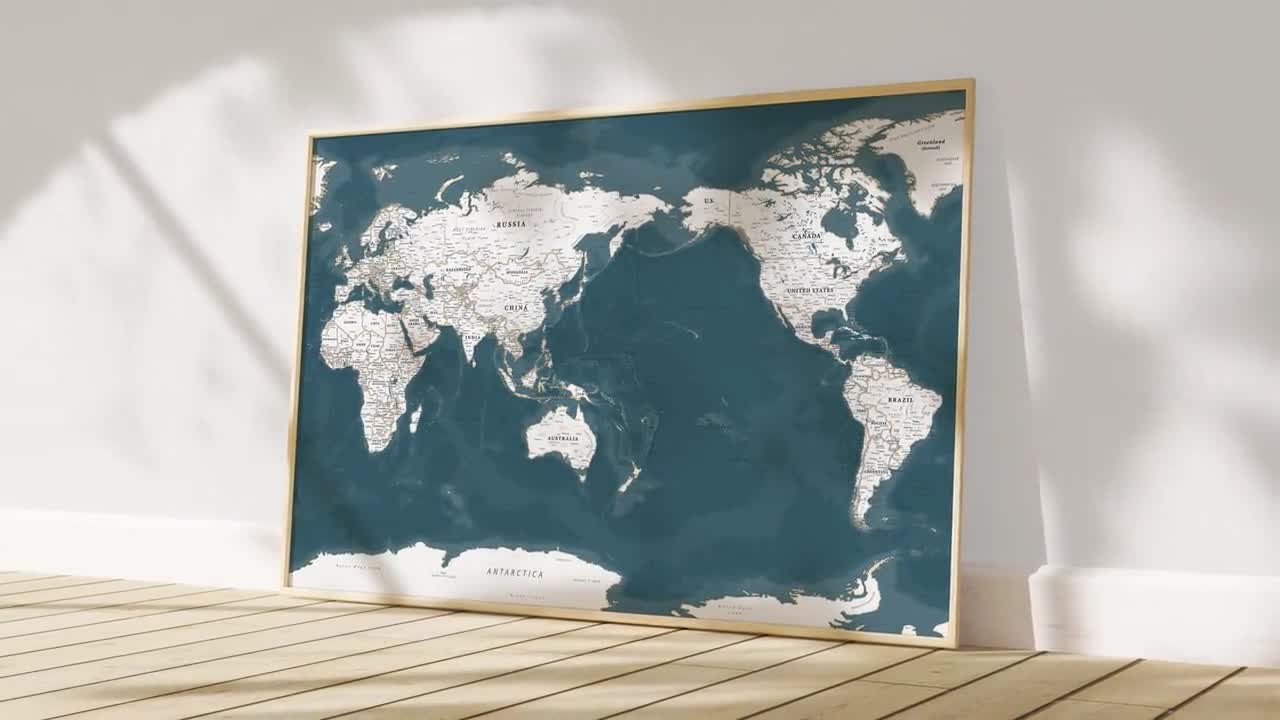 太平洋中心地図 - 印刷可能な青と白の世界地図デジタルダウンロード