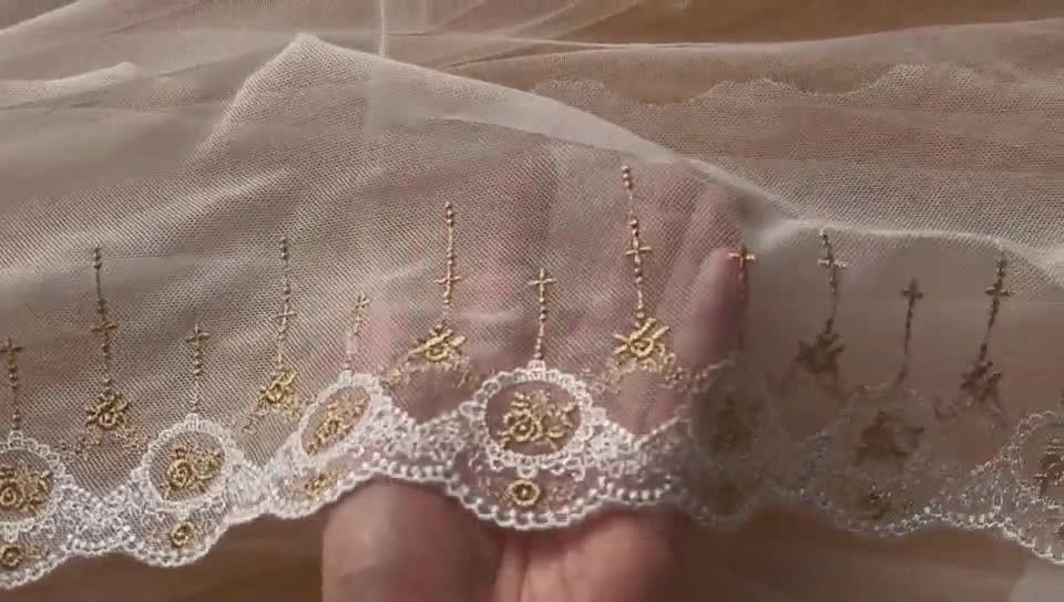 Gold Floral Cross Embroidery Lace Trim, Cotton Tulle (6.69 Inch