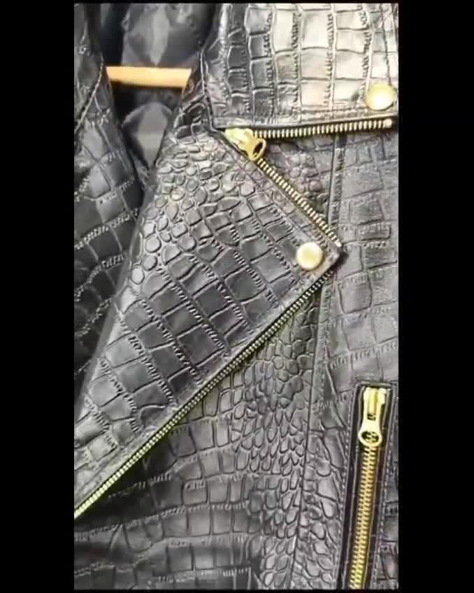 Handmade Alligator Embossed Leather Biker Jacket: Golden Hardware