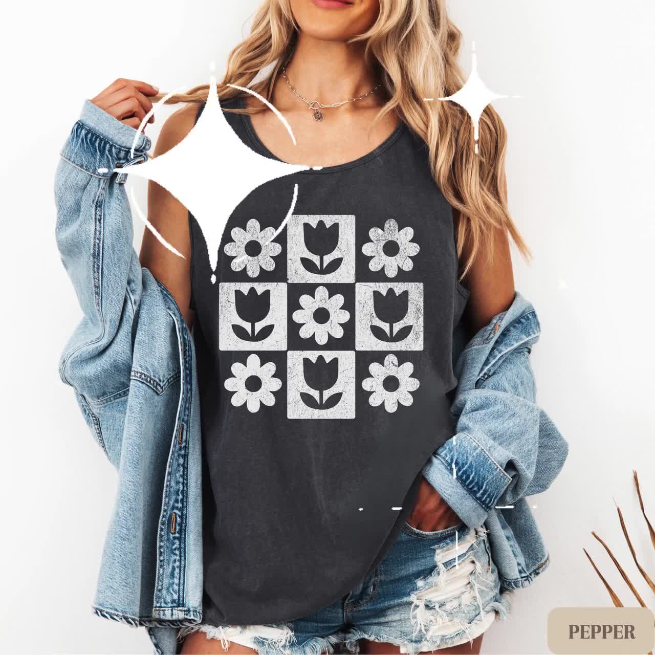 Minimalist Floral Tank Top, Retro Flower Shirt, Tulip Daisy Block