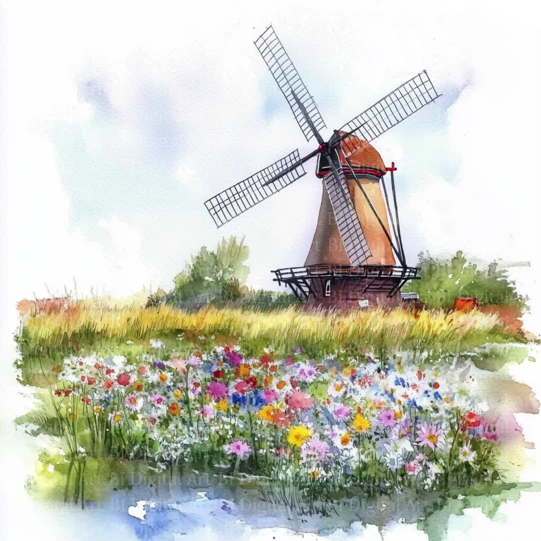 水彩画風車風景イラスト、印刷可能なクリップアート（デジタル