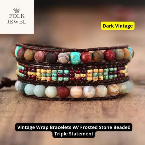 Vintage Beaded Wrap Bracelet, Boho Leather Cuff, Multi-layered